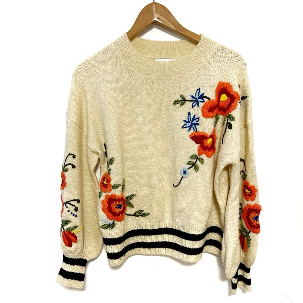 Anthro Harlyn Floral Embroidered Wool Blend Crewneck Sweater Women's Cream - Picture 2 of 9